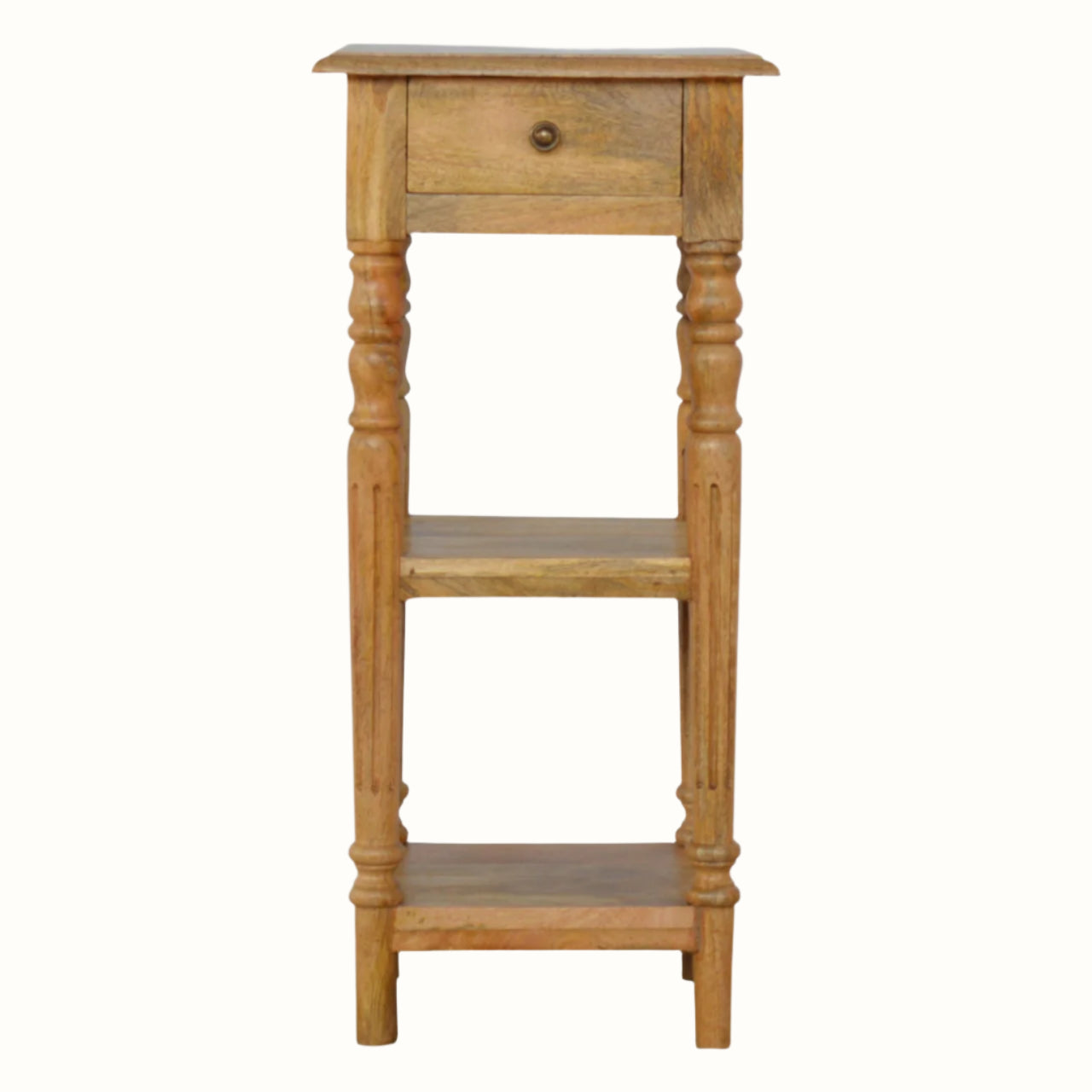 Compact wooden side table in light brown.