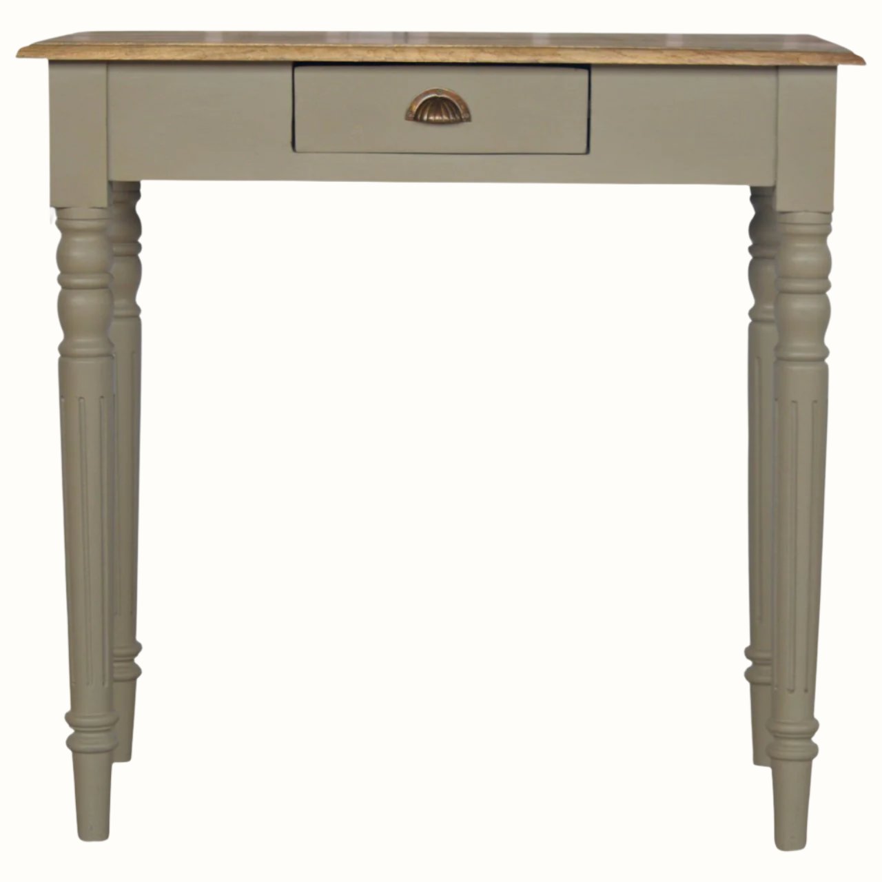 French grey desk made from solid wood, vintage antique style turned legs.