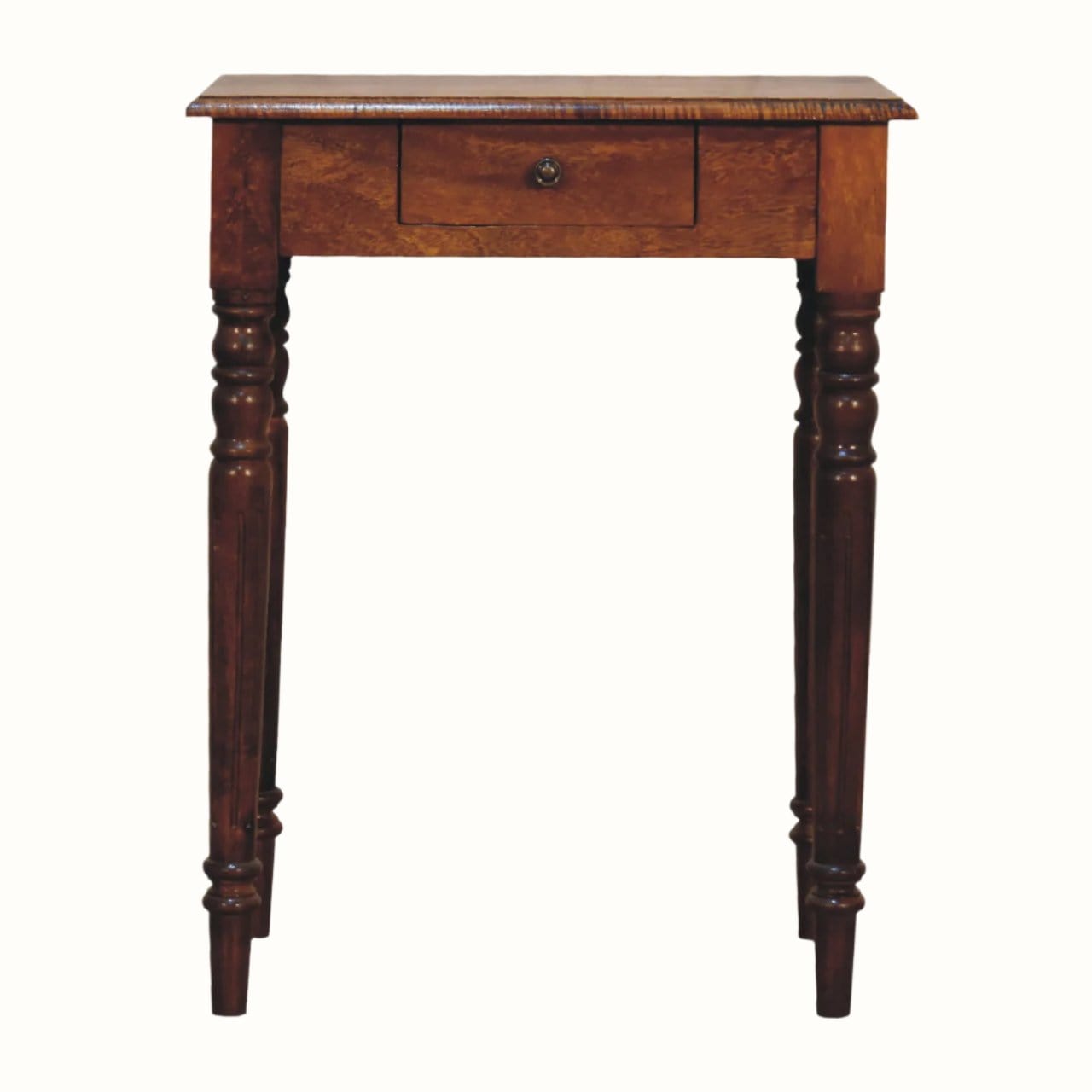 A small Louis Writing Desk with a chestnut stain finish, featuring a single drawer and ornate detailing.