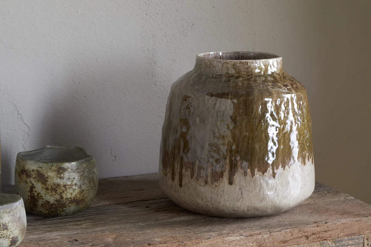 Melina Reactive Glaze Vase - Olive & Natural