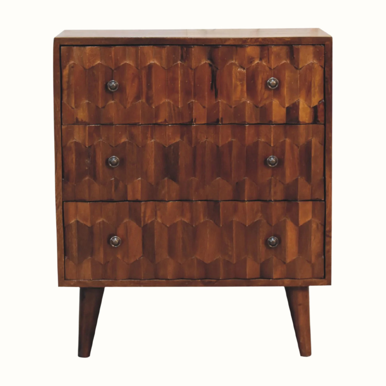 A small chest of drawers with a chestnut brown finish, featuring a geometric pattern on the drawer fronts and supported by four short tapered legs.