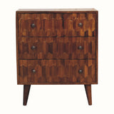 A small chest of drawers with a chestnut brown finish, featuring a geometric pattern on the drawer fronts and supported by four short tapered legs.