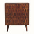 A small chest of drawers with a chestnut brown finish, featuring a geometric pattern on the drawer fronts and supported by four short tapered legs.