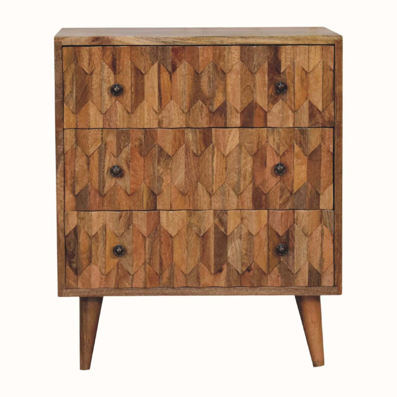 A small chest of drawers with a natural wood finish and brass knobs, featuring a geometric pineapple pattern on the drawer fronts.