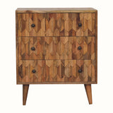A small chest of drawers with a natural wood finish and brass knobs, featuring a geometric pineapple pattern on the drawer fronts.
