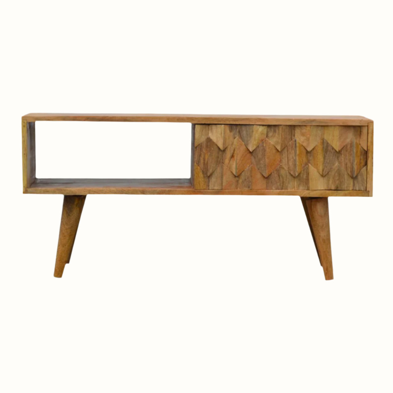 A pineapple carved coffee table made from mango wood in a natural brown stain.