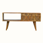 A pineapple carved coffee table made from mango wood in a natural brown stain.