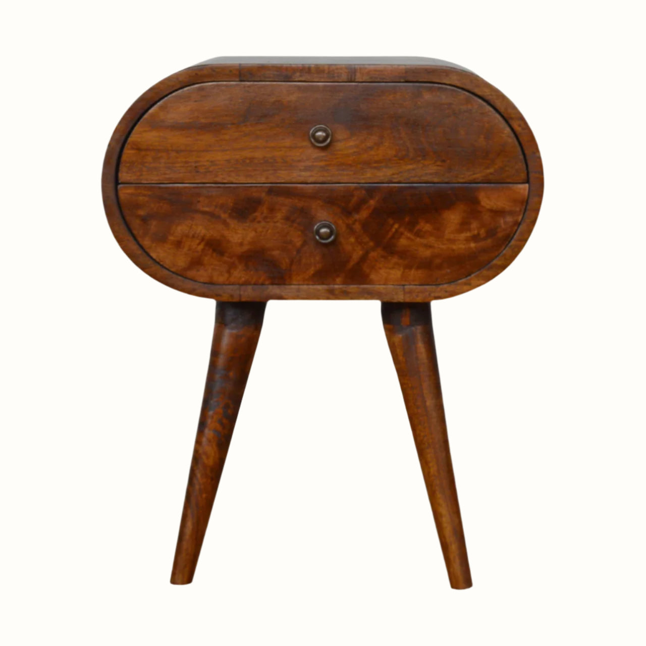 A Merrill 2 Drawer Bedside Table with a chestnut finish, featuring a curved silhouette and Nordic-style legs.