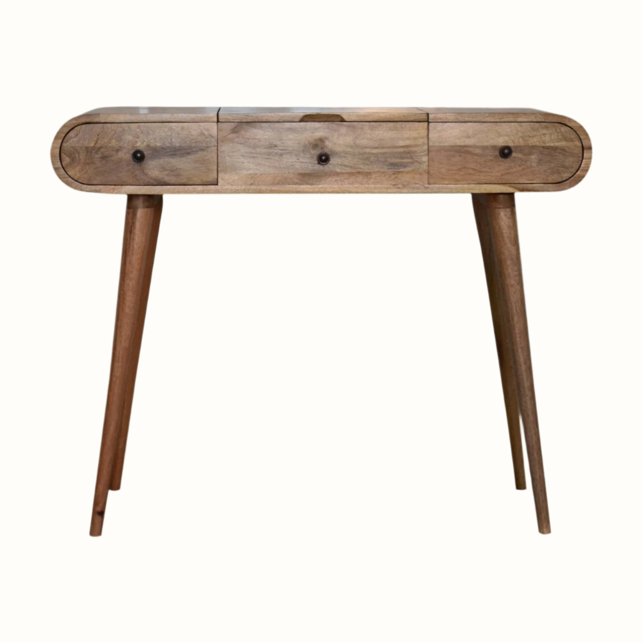 A natural wood dressing table with a curved body and tapered legs.