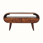 Dark brown stain tv stand with a rounded body.