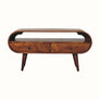 Dark brown stain tv stand with a rounded body.
