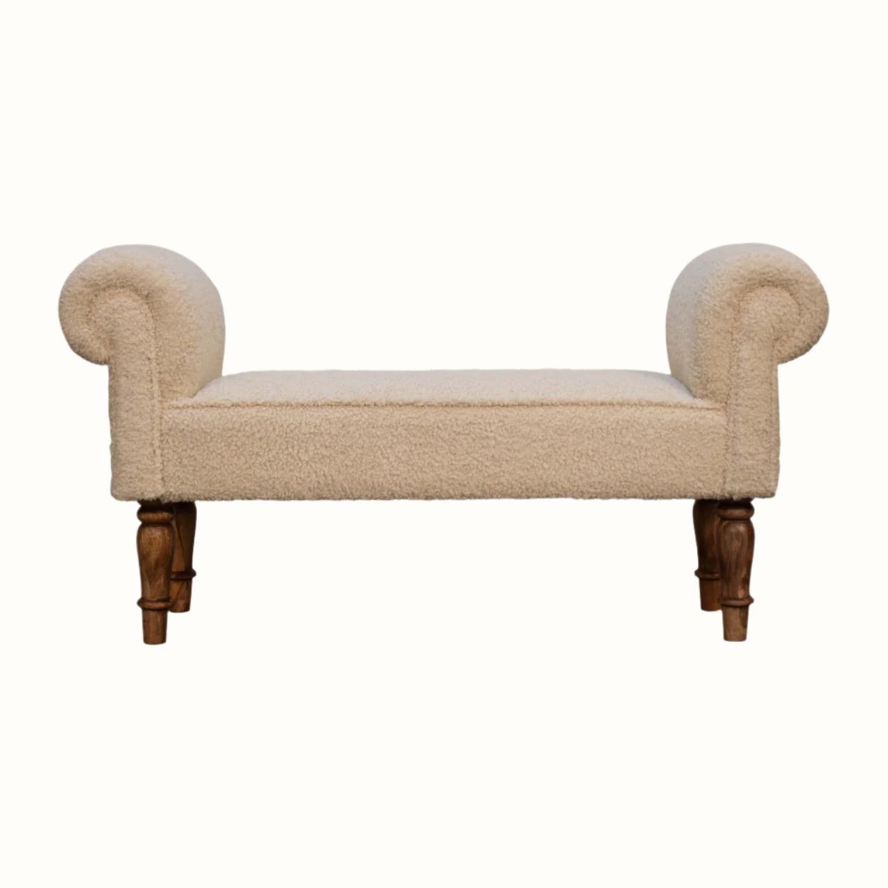 Scandinavian style bench in a cream boucle fabric, with wooden legs.
