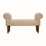 Scandinavian style bench in a cream boucle fabric, with wooden legs.