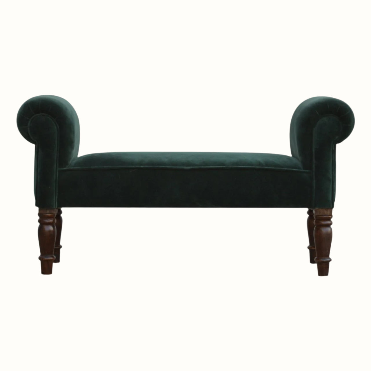 Vintage style bench in green velvet, with turned mango wood legs.