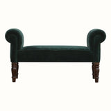 Vintage style bench in green velvet, with turned mango wood legs.