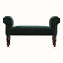 Vintage style bench in green velvet, with turned mango wood legs.