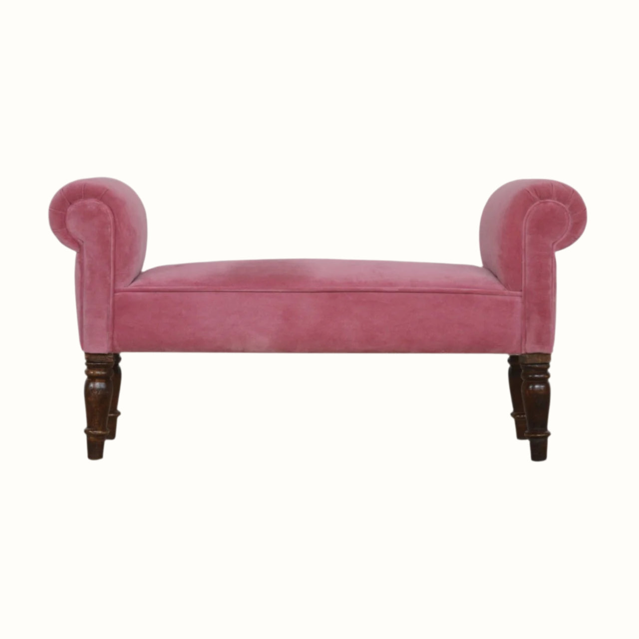 Vintage style bench in a pink upholstery, with wooden legs.