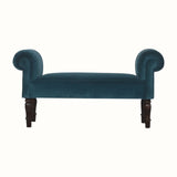 Antique style bench in a teal blue velvet, with wooden legs.