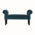 Antique style bench in a teal blue velvet, with wooden legs.