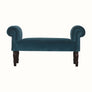 Antique style bench in a teal blue velvet, with wooden legs.