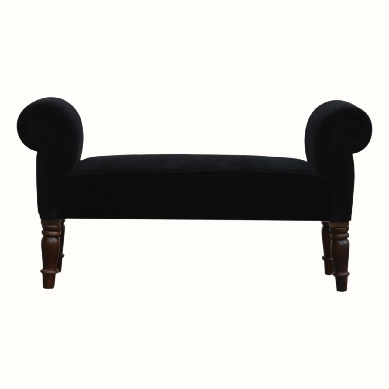 Vintage style bench in black velvet, with turned wooden legs.