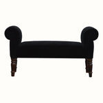 Vintage style bench in black velvet, with turned wooden legs.