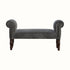 Vintage antique style bench in a grey fabric, with wooden legs.