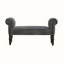 Vintage antique style bench in a grey fabric, with wooden legs.