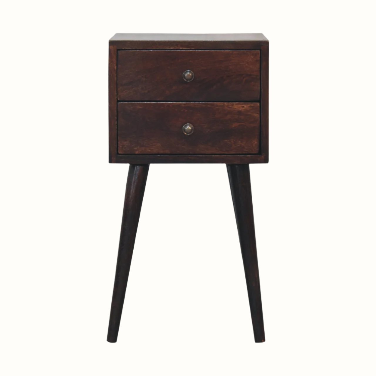 A mini bedside table with two drawers, crafted in solid mango wood with a light walnut finish.