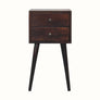 A mini bedside table with two drawers, crafted in solid mango wood with a light walnut finish.
