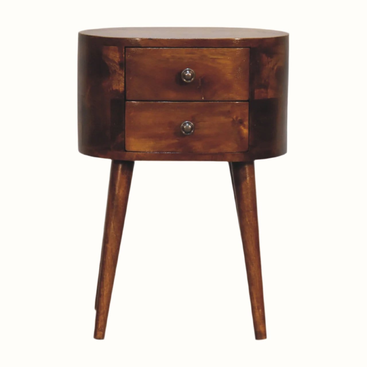 A small curved bedside table with a chestnut finish, featuring two drawers and four tapered legs, placed against a white background.