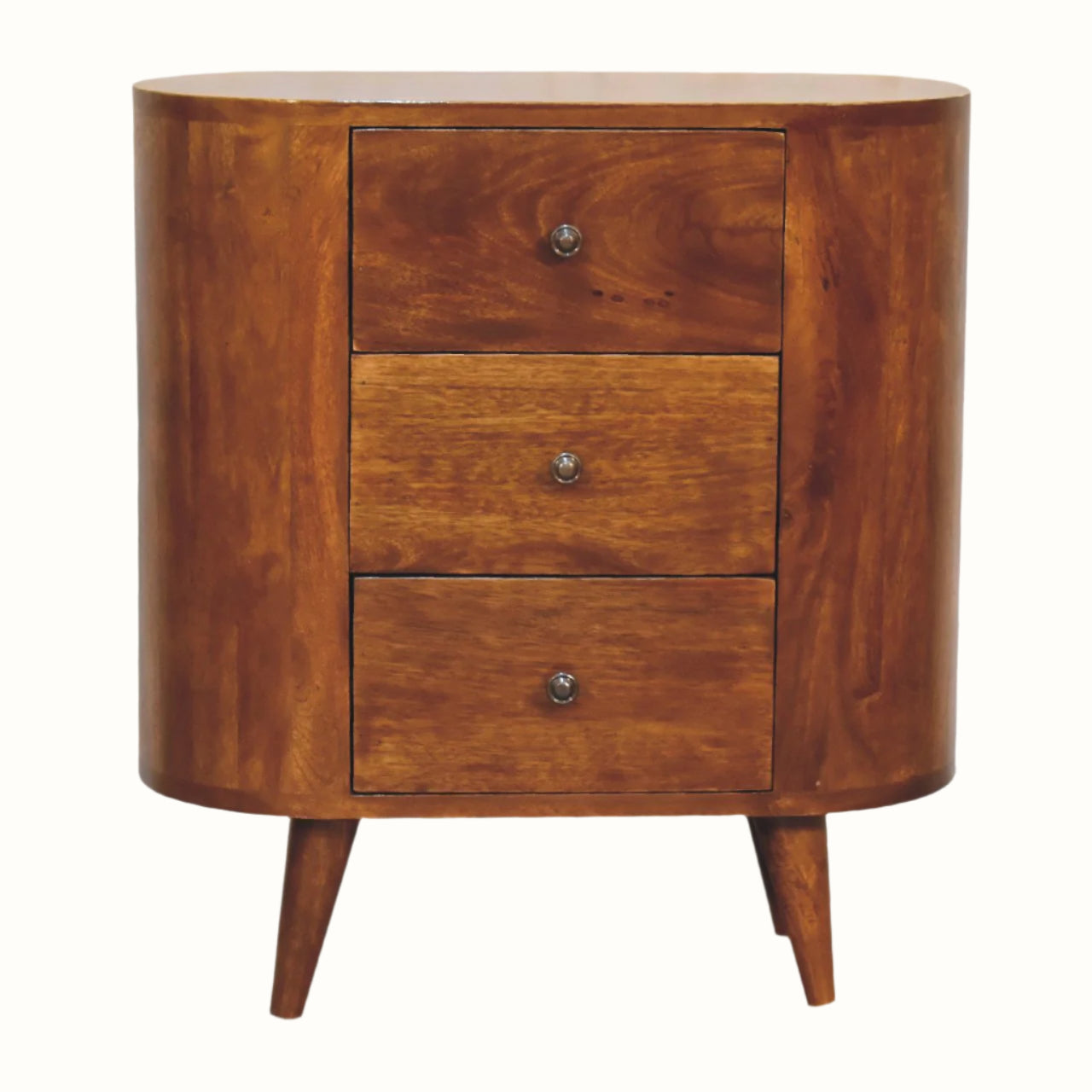 Curved cabinet, with three storage drawers, made from mango wood in a dark, chestnut brown stain. 