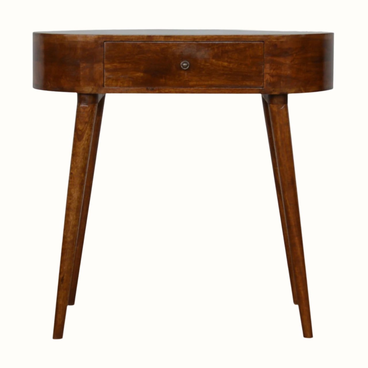 A medium-sized vintage-inspired console table with a chestnut brown finish, featuring a single drawer and tapered legs, displayed against a white background.