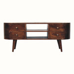 A large brown Molina TV stand with open slot shelves and brass knobs, featuring a California walnut finish and resting on short tapered legs.