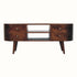 A large brown Molina TV stand with open slot shelves and brass knobs, featuring a California walnut finish and resting on short tapered legs.