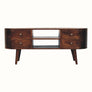 A large brown Molina TV stand with open slot shelves and brass knobs, featuring a California walnut finish and resting on short tapered legs.