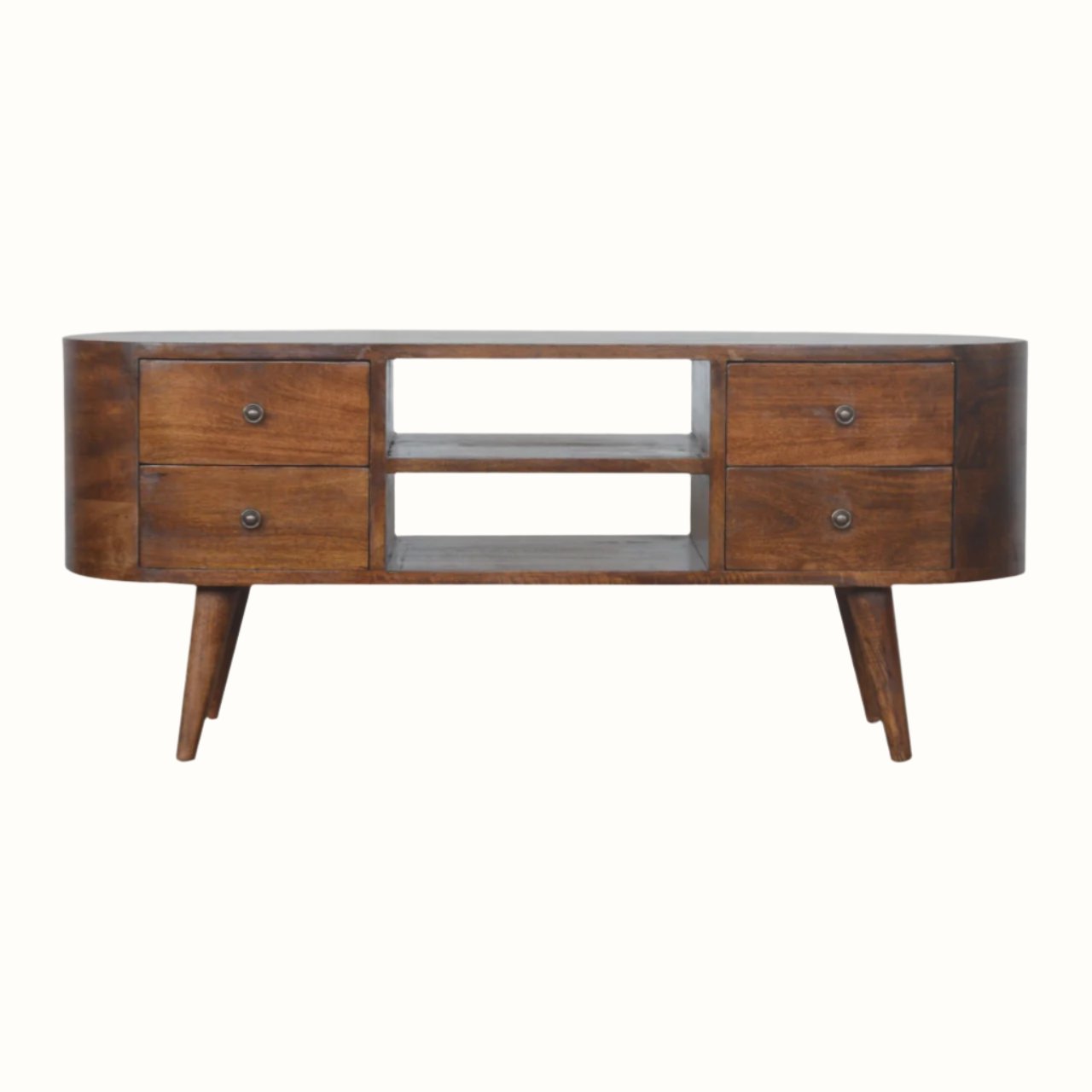 A large chestnut brown TV stand with two open shelves and four drawers, featuring brass knobs and tapered legs.