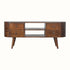 A large chestnut brown TV stand with two open shelves and four drawers, featuring brass knobs and tapered legs.