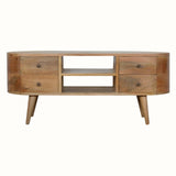 A curved TV stand featuring storage drawers and open shelving, made from wood.