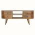 A curved TV stand featuring storage drawers and open shelving, made from wood.
