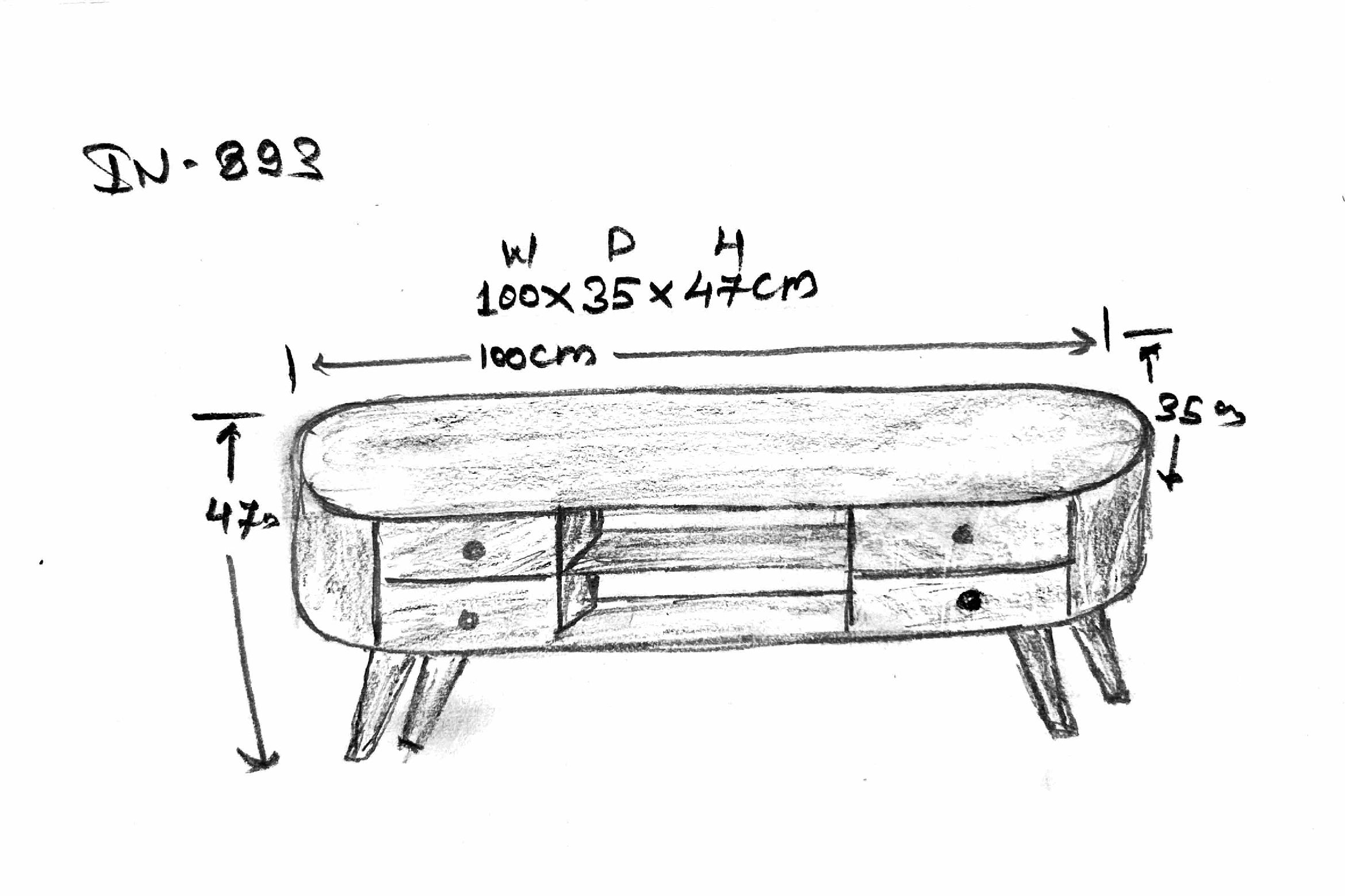 Hand-drawn sketch of a wooden table with dimensions