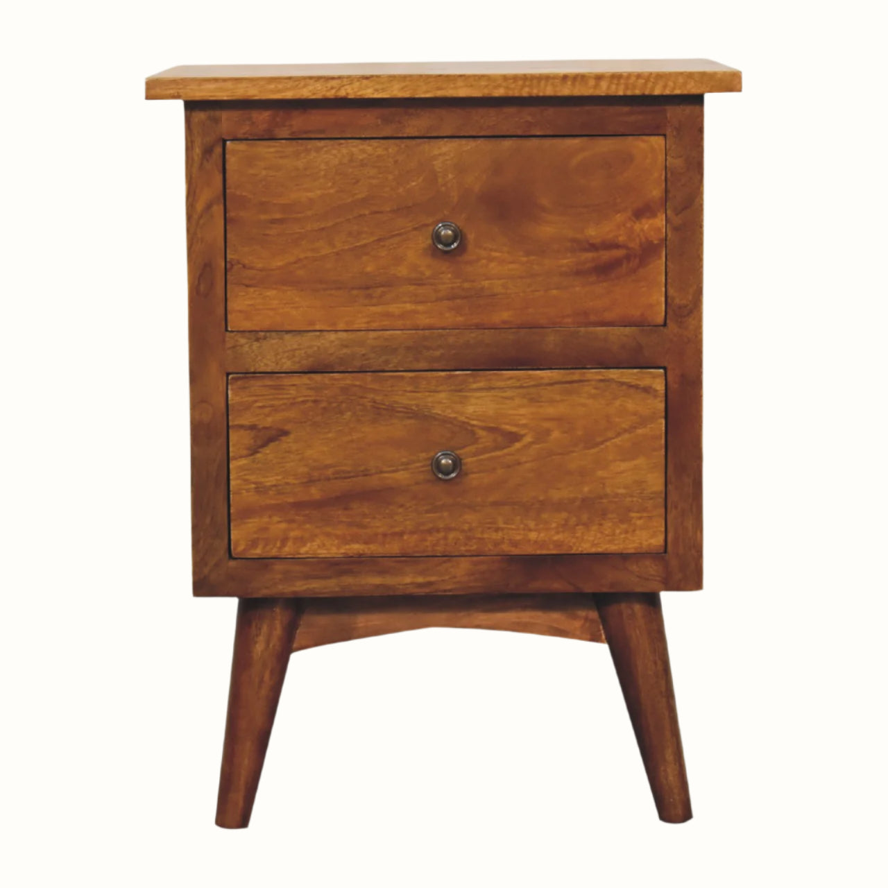 A traditional Norwegian design bedside table made of solid mango wood, featuring two drawers and a tabletop, finished in a chestnut color with brass knobs.
