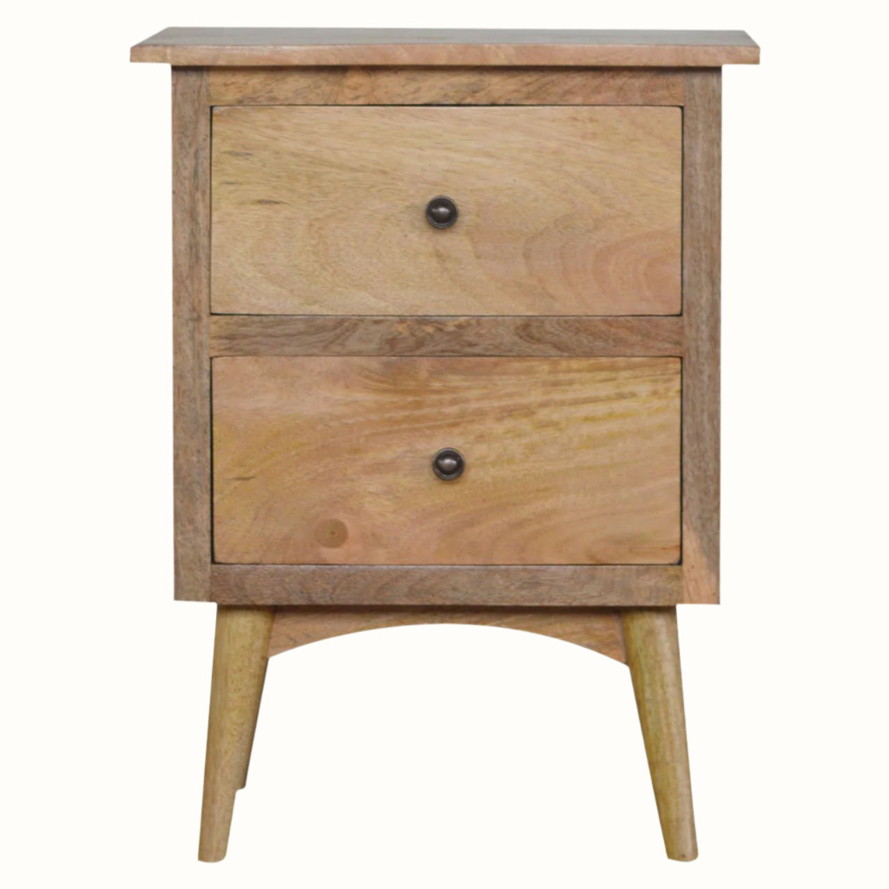 A natural mango wood bedside table with two drawers and a flat tabletop, featuring brass knobs and Nordic-style legs.