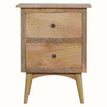 A natural mango wood bedside table with two drawers and a flat tabletop, featuring brass knobs and Nordic-style legs.