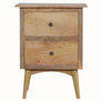 A natural mango wood bedside table with two drawers and a flat tabletop, featuring brass knobs and Nordic-style legs.