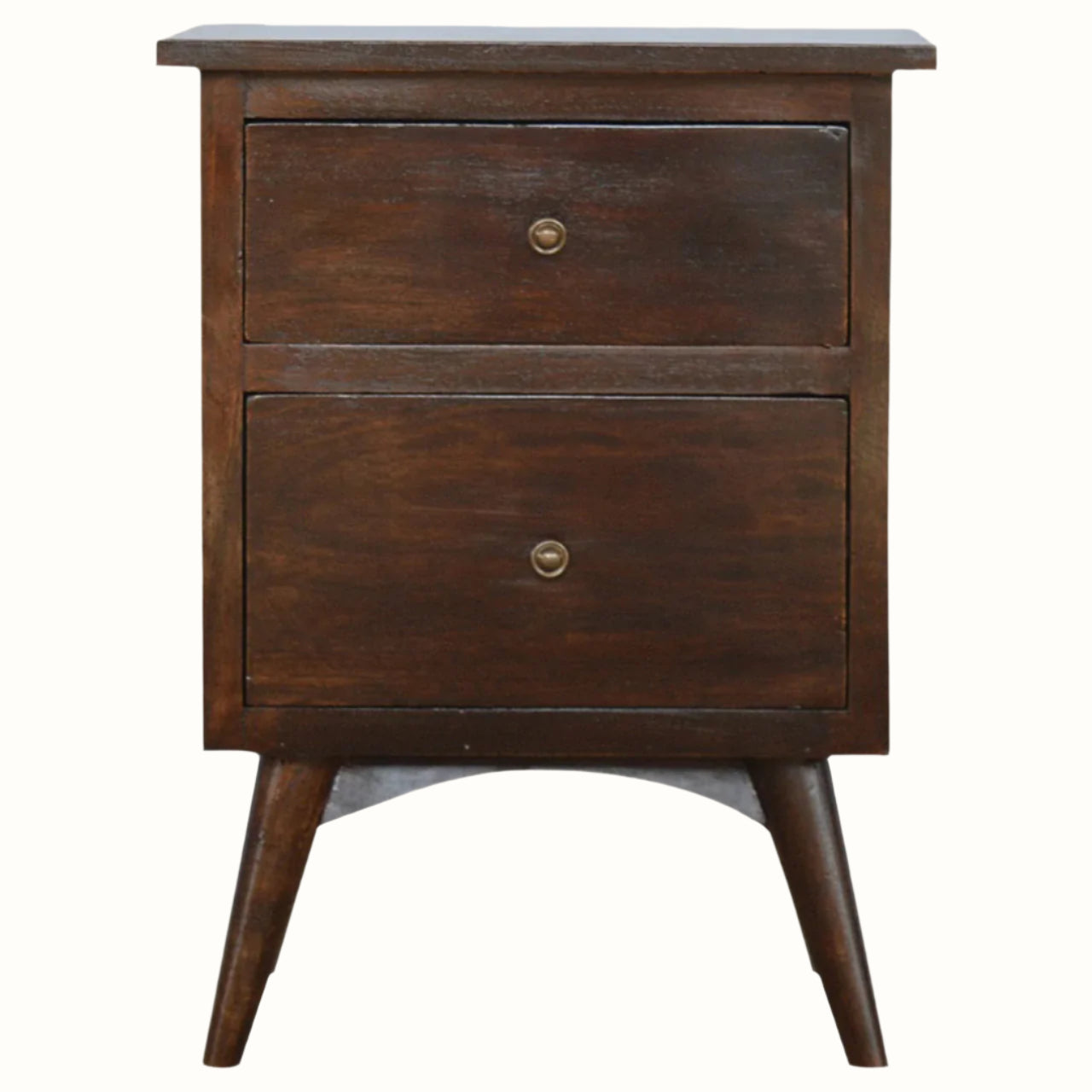 A walnut brown bedside table with two drawers and a rectangular tabletop, set on four Nordic-style legs.