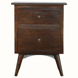 A walnut brown bedside table with two drawers and a rectangular tabletop, set on four Nordic-style legs.