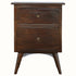 A walnut brown bedside table with two drawers and a rectangular tabletop, set on four Nordic-style legs.