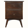 A walnut brown bedside table with two drawers and a rectangular tabletop, set on four Nordic-style legs.