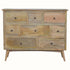 A chest of eight drawers made of mango wood with brass knobs, featuring a traditional Norwegian design with a flat tabletop.